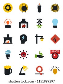 Color and black flat icon set - sun vector, brainstorm, bulb, garden light, traffic, brightness, desk lamp, fireplace, beer, candle, smoke detector, energy saving, alarm led, palm sproute