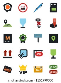 Color and black flat icon set - no laptop vector, vip, stamp, plant label, navigation, fragile, up side sign, hook, barcode, sd, cut, place tag, sertificate, pen, sale, menu, open close