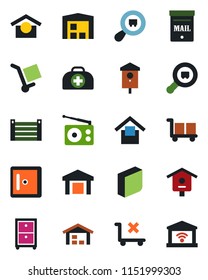 Color and black flat icon set - checkroom vector, bird house, doctor case, container, cargo, warehouse storage, no trolley, search, radio, blank box, archive, mailbox, garage gate control