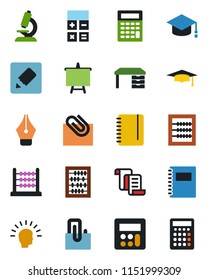 Color and black flat icon set - contract vector, calculator, graduate, abacus, desk, notepad, presentation board, microscope, notes, copybook, paper clip, ink pen, shining head