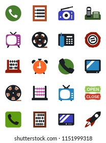 Color and black flat icon set - alarm clock vector, phone, abacus, stamp, reel, radio, tv, call, office, open close, rocket