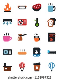 Color and black flat icon set - coffee vector, fire, fireplace, air conditioner, bread, steak, hot dog, turkish, water heater, thermometer, balloon