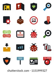 Color and black flat icon set - no laptop vector, contract, statistic monitor, lady bug, plant label, heart diagnostic, shield, medical calendar, package, search cargo, sertificate, warehouse