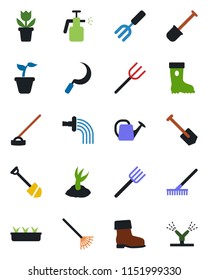 Color and black flat icon set - job vector, flower in pot, garden fork, shovel, farm, rake, seedling, watering can, sproute, boot, hoe, sickle, sprayer, irrigation