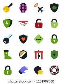 Color and black flat icon set - plane radar vector, security gate, smoking place, lock, glove, boot, heart shield, traffic light, protect, key, home, sprinkler, crisis management
