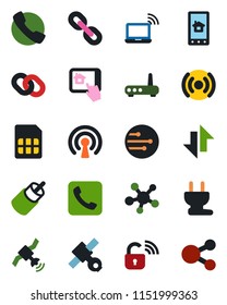 Color and black flat icon set - wireless notebook vector, satellite, share, chain, rca, call, sim, network, data exchange, power plug, lock, router, home control app, social media