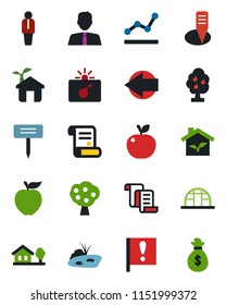 Color and black flat icon set - bomb in case vector, left arrow, manager, contract, plant label, greenhouse, important flag, point graph, house with tree, pond, fruit, estate agent, apple, eco