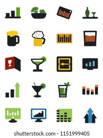 Color and black flat icon set - growth statistic vector, monitor, barcode, equalizer, scanner, statistics, bar graph, alcohol, wine card, drink, cocktail, phyto, beer, salad, arrow up