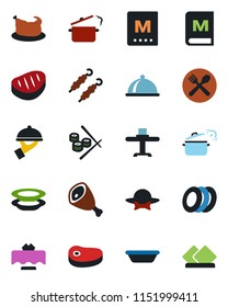 Color and black flat icon set - dish vector, restaurant table, cafe, menu, plates, waiter, dress code, chicken, steak, kebab, ham, bowl, steaming pan, sushi, serviette