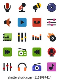 Color and black flat icon set - vinyl vector, flame disk, microphone, radio, speaker, settings, equalizer, headphones, play button, fast forward, rewind, tuning, record, music