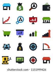 Color and black flat icon set - shop vector, growth statistic, money bag, crisis graph, store, monitor statistics, hr, target, consumer search, arrow up, wallet, cart, presentation, storefront