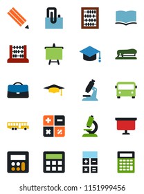 Color and black flat icon set - airport bus vector, book, calculator, graduate, abacus, presentation board, microscope, case, paper clip, pencil, stapler