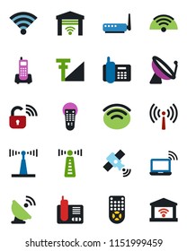 Color and black flat icon set - antenna vector, satellite, wireless notebook, office phone, remote control, radio, cellular signal, lock, router, garage gate