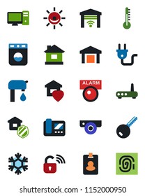 Color and black flat icon set - house vector, warehouse, water supply, key, sweet home, estate insurance, power plug, wireless lock, router, web camera, snowflake, intercome, pc, washer, thermometer