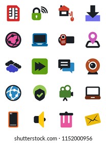 Color and black flat icon set - trash bin vector, clouds, navigation, shield, video camera, network, laptop pc, fast forward, phone back, message, sim, download, home control, wireless lock, web