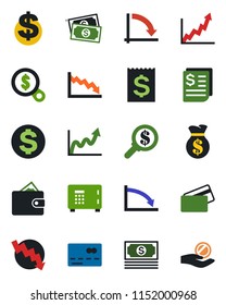 Color and black flat icon set - credit card vector, safe, dollar sign, crisis graph, cash, receipt, wallet, money bag, growth, search, investment