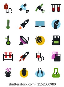 Color and black flat icon set - satellite antenna vector, book, blood test vial, dropper, ampoule, real heart, joint, virus, sd, thermometer, rocket, flask