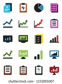 Color and black flat icon set - growth statistic vector, monitor, diagnosis, pulse clipboard, statistics, bar graph, pie, checklist, point, presentation