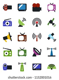 Color and black flat icon set - antenna vector, satellite, radio, loudspeaker, tv, video camera, wireless