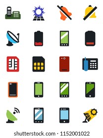 Color and black flat icon set - mobile phone vector, satellite antenna, cell, low battery, back, sim, mute, office, sun panel