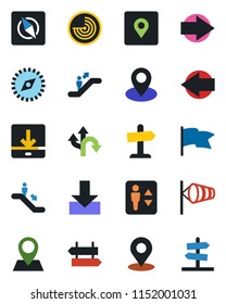 Color and black flat icon set - elevator vector, escalator, signpost, right arrow, left, wind, radar, route, pin, download, place tag, compass, flag, guidepost