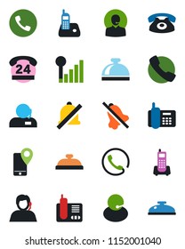 Color and black flat icon set - phone vector, reception bell, office, 24 hours, support, mobile tracking, radio, call, mute, cellular signal