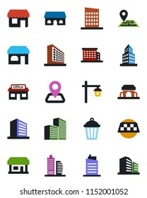 Color and black flat icon set - taxi vector, shop, office building, garden light, navigation, store, city house, cafe, storefront