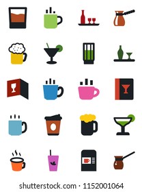 Color and black flat icon set - hot cup vector, coffee machine, alcohol, wine card, drink, cocktail, phyto bar, beer, turkish