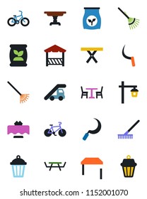 Color and black flat icon set - cafe vector, ladder car, rake, sickle, garden light, picnic table, fertilizer, bike, restaurant, alcove, outdoor lamp
