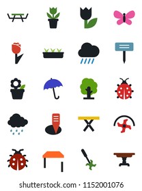 Color and black flat icon set - umbrella vector, flower in pot, ripper, tree, butterfly, lady bug, seedling, rain, plant label, picnic table, tulip