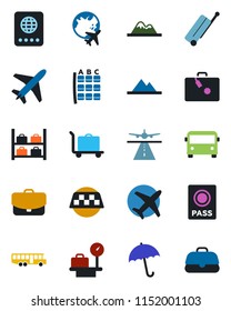 Color and black flat icon set - plane vector, runway, taxi, suitcase, baggage trolley, airport bus, umbrella, passport, seat map, luggage storage, scales, globe, mountains, case