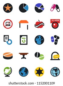 Color and black flat icon set - no laptop vector, ticket office, globe, document reload, pills, diet, earth, pie graph, table, police, alarm led
