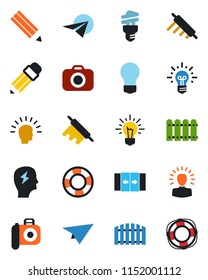 Color and black flat icon set - automatic door vector, brainstorm, bulb, camera, pencil, fence, rolling pin, energy saving, shining head, idea, paper plane, crisis management