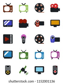 Color and black flat icon set - tv vector, reel, satellite, video camera, remote control, monitor