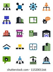 Color and black flat icon set - hierarchy vector, well, molecule, hospital, office building, garage, plan, home message