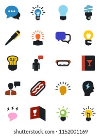 Color and black flat icon set - speaking man vector, pen, brainstorm, bulb, dialog, wine card, hot dog, energy saving, shining head, idea