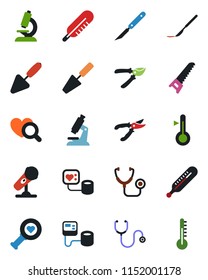 Color and black flat icon set - trowel vector, pruner, saw, stethoscope, blood pressure, thermometer, heart diagnostic, microscope, scalpel, microphone
