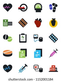 Color and black flat icon set - heart pulse vector, diagnosis, syringe, blood pressure, pills, blister, tomography, real, clipboard, hospital