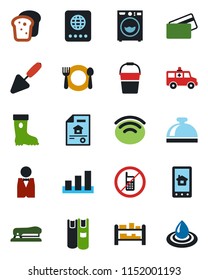 Color and black flat icon set - no mobile vector, reception bell, passport, trowel, bucket, boot, ambulance car, sorting, rack, wireless, book, stapler, estate document, washer, waiter, cafe, bread