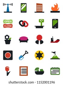 Color and black flat icon set - waiting area vector, flower in pot, shovel, sea shipping, tulip, flammable, heavy scales, antenna, cell phone, chain, mobile, record, abacus, estate agent, city house