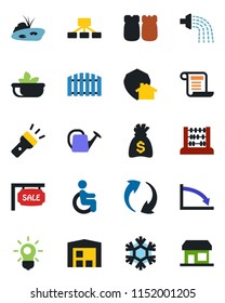 Color and black flat icon set - abacus vector, money bag, watering can, disabled, update, torch, pond, warehouse, fence, sale, salad, salt and pepper, snowflake, bulb, home protect, crisis, contract