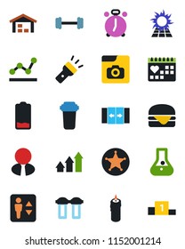 Color and black flat icon set - automatic door vector, elevator, alarm clock, barbell, medical calendar, low battery, torch, photo gallery, point graph, warehouse, estate agent, candle, hamburger