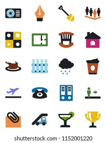 Color and black flat icon set - departure vector, escalator, ladder car, team, office binder, coffee, job, house, rain, application, paper clip, ink pen, plan, children room, air conditioner, phone