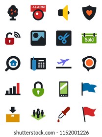 Color and black flat icon set - departure vector, stamp, dropper, heart shield, package, mobile, gallery, cut, lock, bar graph, office phone, company, fruit tree, sold signboard, estate search, flag