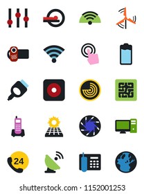 Color and black flat icon set - radar vector, tomography, office phone, 24 hours, satellite antenna, settings, video camera, touch screen, battery, rec button, hdmi, mobile, wireless, sun panel, pc