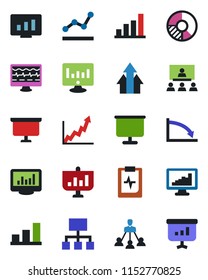 Color and black flat icon set - presentation board vector, statistic monitor, circle chart, pulse, clipboard, statistics, bar graph, point, hierarchy, arrow up, growth, crisis