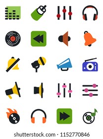 Color and black flat icon set - vinyl vector, flame disk, microphone, radio, speaker, loudspeaker, settings, equalizer, headphones, fast forward, rewind, rca, tuning, bell, mute, music