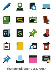 Color and black flat icon set - book vector, document search, pen, notepad, coffee, drawing pin, plant label, receipt, news, clipboard, blank box, paper tray, restaurant, calendar, schedule