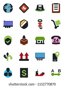 Color and black flat icon set - route vector, earth, store, 24 hours, client, mobile tracking, sea shipping, truck trailer, receipt, clipboard, cargo, up side sign, no hook, package, shield, heavy