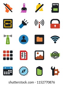 Color and black flat icon set - antenna vector, menu, gallery, themes, user, scanner, sd, sim, folder, calendar, wireless, torch, mute, compass, lock, fingerprint id, battery, root setup